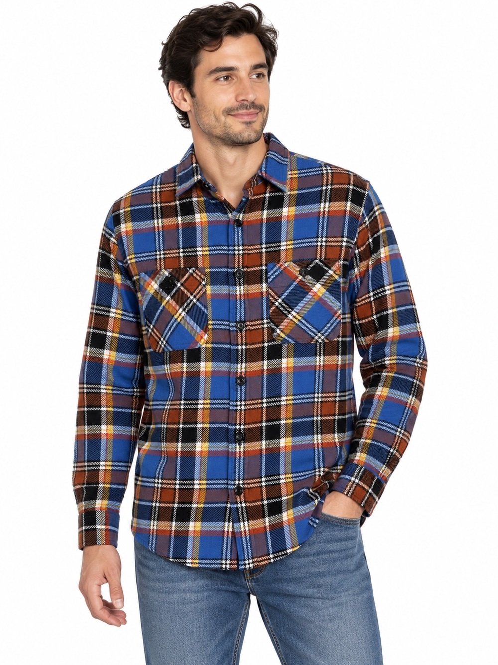 Lands' End Blue and Brown Plaid Thick Button-Down Shirt